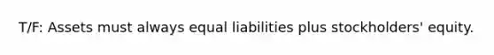 T/F: Assets must always equal liabilities plus stockholders' equity.