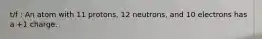 t/f : An atom with 11 protons, 12 neutrons, and 10 electrons has a +1 charge.