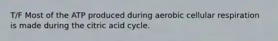 T/F Most of the ATP produced during aerobic cellular respiration is made during the citric acid cycle.