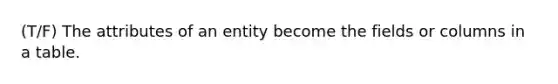 (T/F) The attributes of an entity become the fields or columns in a table.​