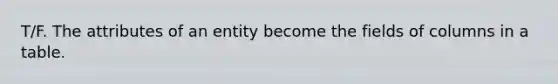 T/F. The attributes of an entity become the fields of columns in a table.