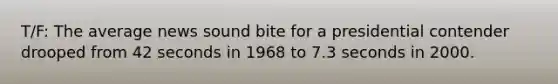 T/F: The average news sound bite for a presidential contender drooped from 42 seconds in 1968 to 7.3 seconds in 2000.