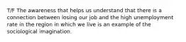 T/F The awareness that helps us understand that there is a connection between losing our job and the high unemployment rate in the region in which we live is an example of the sociological imagination.