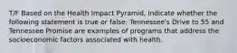 T/F Based on the Health Impact Pyramid, indicate whether the following statement is true or false: Tennessee's Drive to 55 and Tennessee Promise are examples of programs that address the socioeconomic factors associated with health.