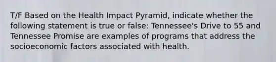 T/F Based on the Health Impact Pyramid, indicate whether the following statement is true or false: Tennessee's Drive to 55 and Tennessee Promise are examples of programs that address the socioeconomic factors associated with health.