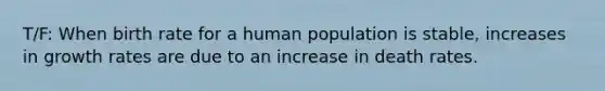 T/F: When birth rate for a human population is stable, increases in growth rates are due to an increase in death rates.