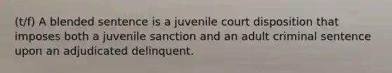 (t/f) A blended sentence is a juvenile court disposition that imposes both a juvenile sanction and an adult criminal sentence upon an adjudicated delinquent.