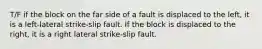 T/F if the block on the far side of a fault is displaced to the left, it is a left-lateral strike-slip fault. If the block is displaced to the right, it is a right lateral strike-slip fault.