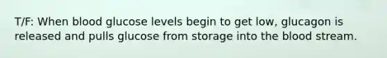 T/F: When blood glucose levels begin to get low, glucagon is released and pulls glucose from storage into the blood stream.