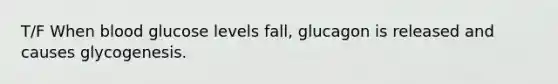 T/F When blood glucose levels fall, glucagon is released and causes glycogenesis.