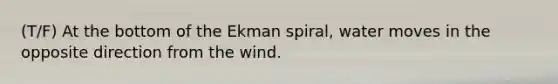 (T/F) At the bottom of the Ekman spiral, water moves in the opposite direction from the wind.