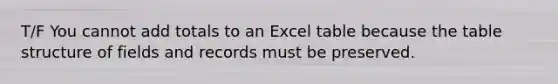 T/F You cannot add totals to an Excel table because the table structure of fields and records must be preserved.