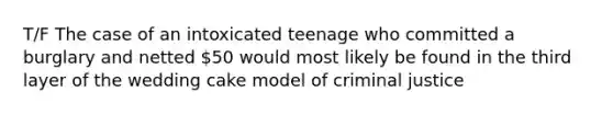 T/F The case of an intoxicated teenage who committed a burglary and netted 50 would most likely be found in the third layer of the wedding cake model of criminal justice