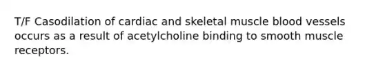 T/F Casodilation of cardiac and skeletal muscle blood vessels occurs as a result of acetylcholine binding to smooth muscle receptors.