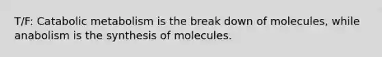 T/F: Catabolic metabolism is the break down of molecules, while anabolism is the synthesis of molecules.