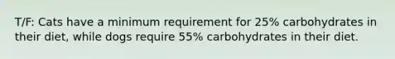 T/F: Cats have a minimum requirement for 25% carbohydrates in their diet, while dogs require 55% carbohydrates in their diet.