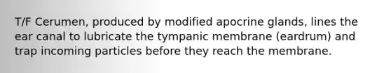 T/F Cerumen, produced by modified apocrine glands, lines the ear canal to lubricate the tympanic membrane (eardrum) and trap incoming particles before they reach the membrane.