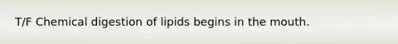 T/F Chemical digestion of lipids begins in <a href='https://www.questionai.com/knowledge/krBoWYDU6j-the-mouth' class='anchor-knowledge'>the mouth</a>.