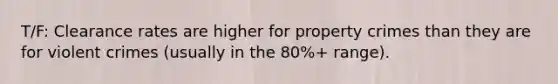 T/F: Clearance rates are higher for property crimes than they are for violent crimes (usually in the 80%+ range).