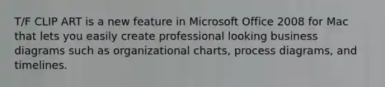 T/F CLIP ART is a new feature in Microsoft Office 2008 for Mac that lets you easily create professional looking business diagrams such as organizational charts, process diagrams, and timelines.