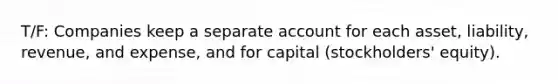 T/F: Companies keep a separate account for each asset, liability, revenue, and expense, and for capital (stockholders' equity).