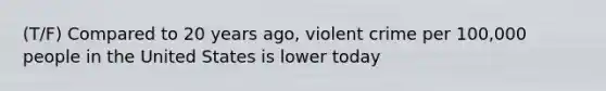 (T/F) Compared to 20 years ago, violent crime per 100,000 people in the United States is lower today