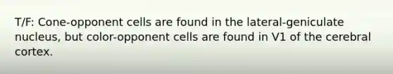 T/F: Cone-opponent cells are found in the lateral-geniculate nucleus, but color-opponent cells are found in V1 of the cerebral cortex.