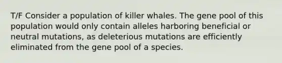 T/F Consider a population of killer whales. The gene pool of this population would only contain alleles harboring beneficial or neutral mutations, as deleterious mutations are efficiently eliminated from the gene pool of a species.