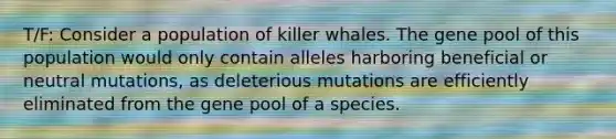 T/F: Consider a population of killer whales. The gene pool of this population would only contain alleles harboring beneficial or neutral mutations, as deleterious mutations are efficiently eliminated from the gene pool of a species.