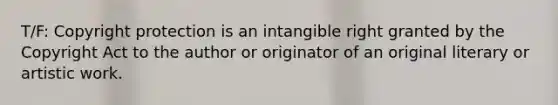 T/F: Copyright protection is an intangible right granted by the Copyright Act to the author or originator of an original literary or artistic work.