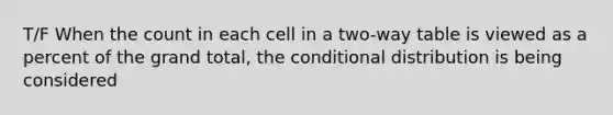 T/F When the count in each cell in a two-way table is viewed as a percent of the grand total, the conditional distribution is being considered