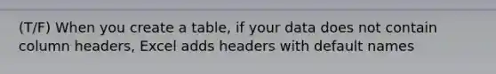 (T/F) When you create a table, if your data does not contain column headers, Excel adds headers with default names