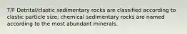 T/F Detrital/clastic sedimentary rocks are classified according to clastic particle size; chemical sedimentary rocks are named according to the most abundant minerals.