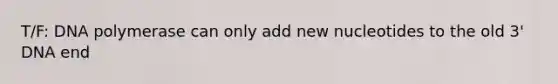 T/F: DNA polymerase can only add new nucleotides to the old 3' DNA end