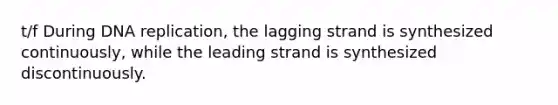 t/f During DNA replication, the lagging strand is synthesized continuously, while the leading strand is synthesized discontinuously.