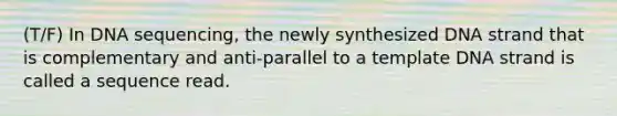 (T/F) In DNA sequencing, the newly synthesized DNA strand that is complementary and anti-parallel to a template DNA strand is called a sequence read.