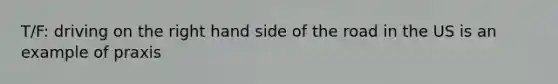 T/F: driving on the right hand side of the road in the US is an example of praxis