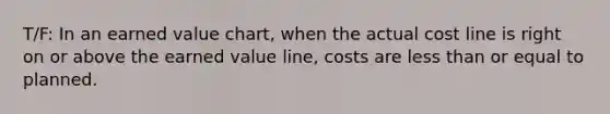 T/F: In an earned value chart, when the actual cost line is right on or above the earned value line, costs are less than or equal to planned.