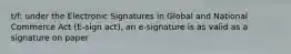 t/f: under the Electronic Signatures in Global and National Commerce Act (E-sign act), an e-signature is as valid as a signature on paper