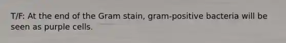 T/F: At the end of the Gram stain, gram-positive bacteria will be seen as purple cells.