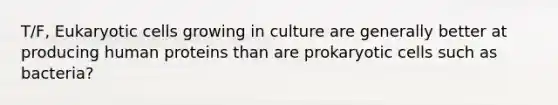 T/F, <a href='https://www.questionai.com/knowledge/kb526cpm6R-eukaryotic-cells' class='anchor-knowledge'>eukaryotic cells</a> growing in culture are generally better at producing human proteins than are prokaryotic cells such as bacteria?