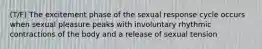 (T/F) The excitement phase of the sexual response cycle occurs when sexual pleasure peaks with involuntary rhythmic contractions of the body and a release of sexual tension