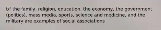 t/f the family, religion, education, the economy, the government (politics), mass media, sports, science and medicine, and the military are examples of social associations