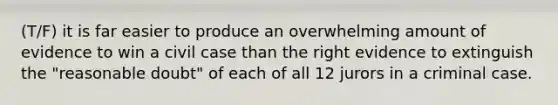 (T/F) it is far easier to produce an overwhelming amount of evidence to win a civil case than the right evidence to extinguish the "reasonable doubt" of each of all 12 jurors in a criminal case.