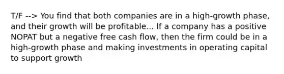 T/F --> You find that both companies are in a high-growth phase, and their growth will be profitable... If a company has a positive NOPAT but a negative free cash flow, then the firm could be in a high-growth phase and making investments in operating capital to support growth