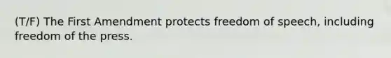 (T/F) The First Amendment protects freedom of speech, including freedom of the press.