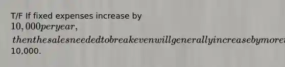 T/F If fixed expenses increase by 10,000 per year, then the sales needed to break even will generally increase by more than10,000.