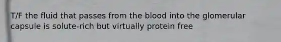 T/F the fluid that passes from the blood into the glomerular capsule is solute-rich but virtually protein free