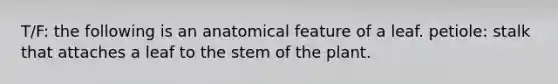 T/F: the following is an anatomical feature of a leaf. petiole: stalk that attaches a leaf to the stem of the plant.