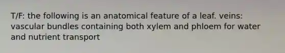 T/F: the following is an anatomical feature of a leaf. veins: vascular bundles containing both xylem and phloem for water and nutrient transport